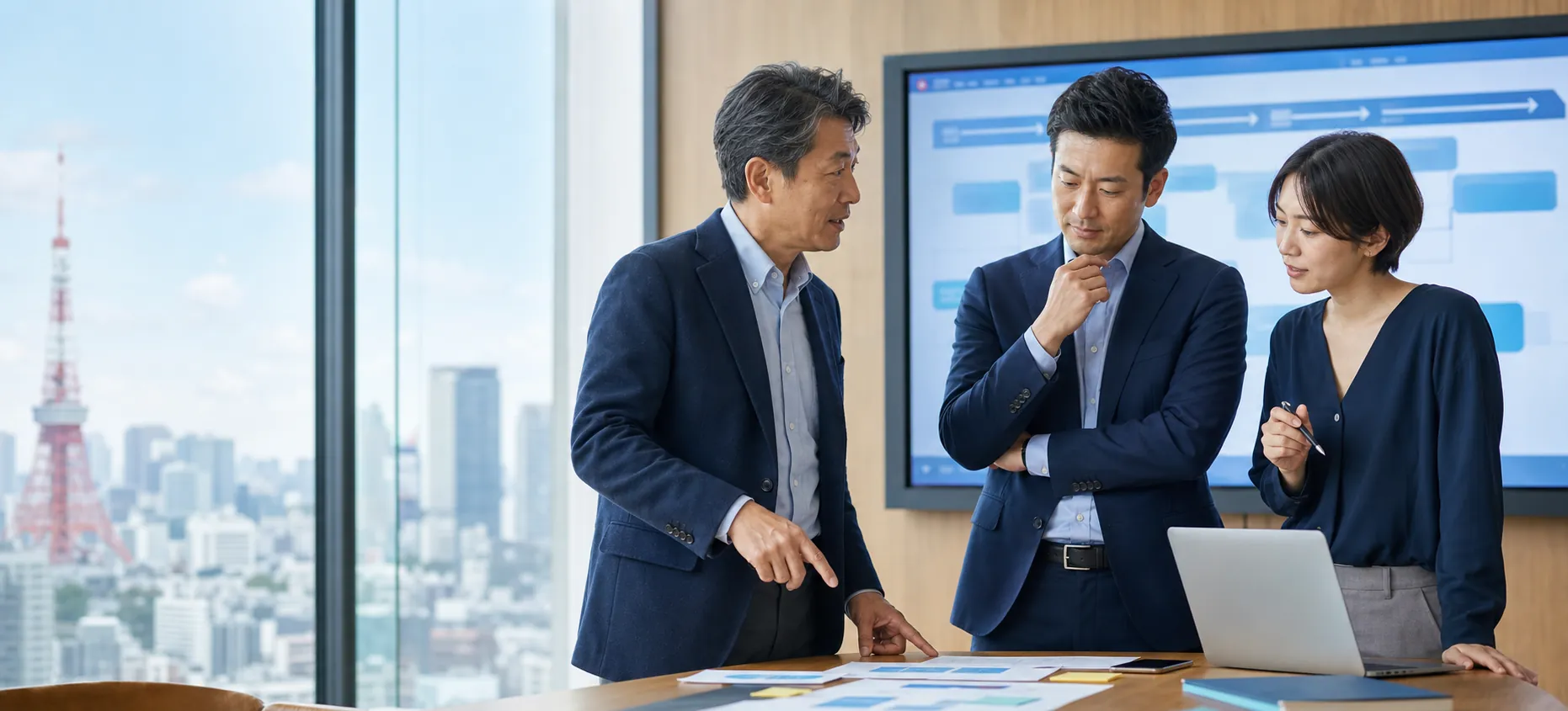 経営者と譲受企業とエンジニアがアプリ事業の引き継ぎを確認する様子