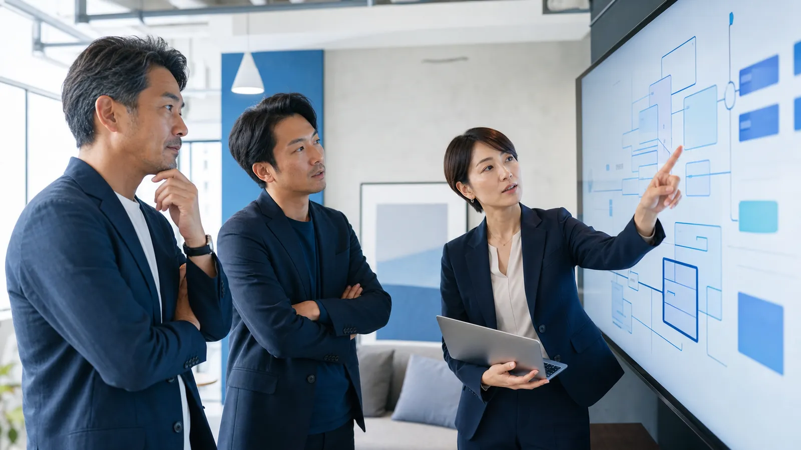 経営者と技術責任者とM&Aアドバイザーがアプリの技術資産を確認する様子