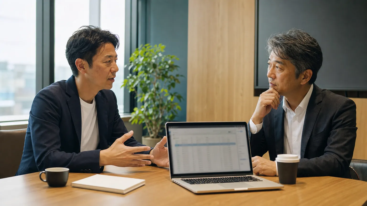 営業支援SaaSの買収条件を確認する経営者とアドバイザー